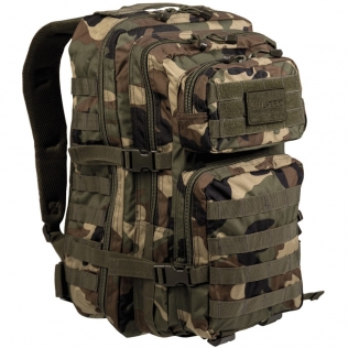 Mochila Táctica Militar MilTec US Assault LG 36 Litros Woodland con Velcro Frontal.